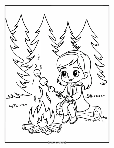 Desenho de cenas ao ar livre para colorir para crianças: Uma menina chibi assando marshmallows ao lado de uma fogueira sob pinheiros