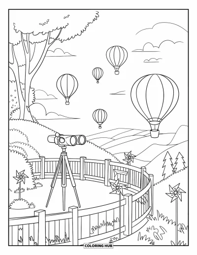 Desenho de cenas ao ar livre para colorir para crianças: Uma colina com mirante, binóculos e balões flutuando suavemente acima