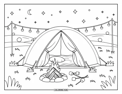 Desenho de cenas ao ar livre para colorir para crianças: Uma barraca aconchegante fica aberta sob um céu estrelado com uma fogueira acesa nas proximidades