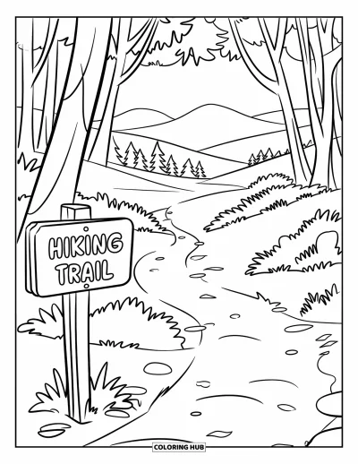 Desenho de cenas ao ar livre para colorir para crianças: Um caminho de terra serpenteia pela floresta sob uma placa de madeira com "Hiking Trail"