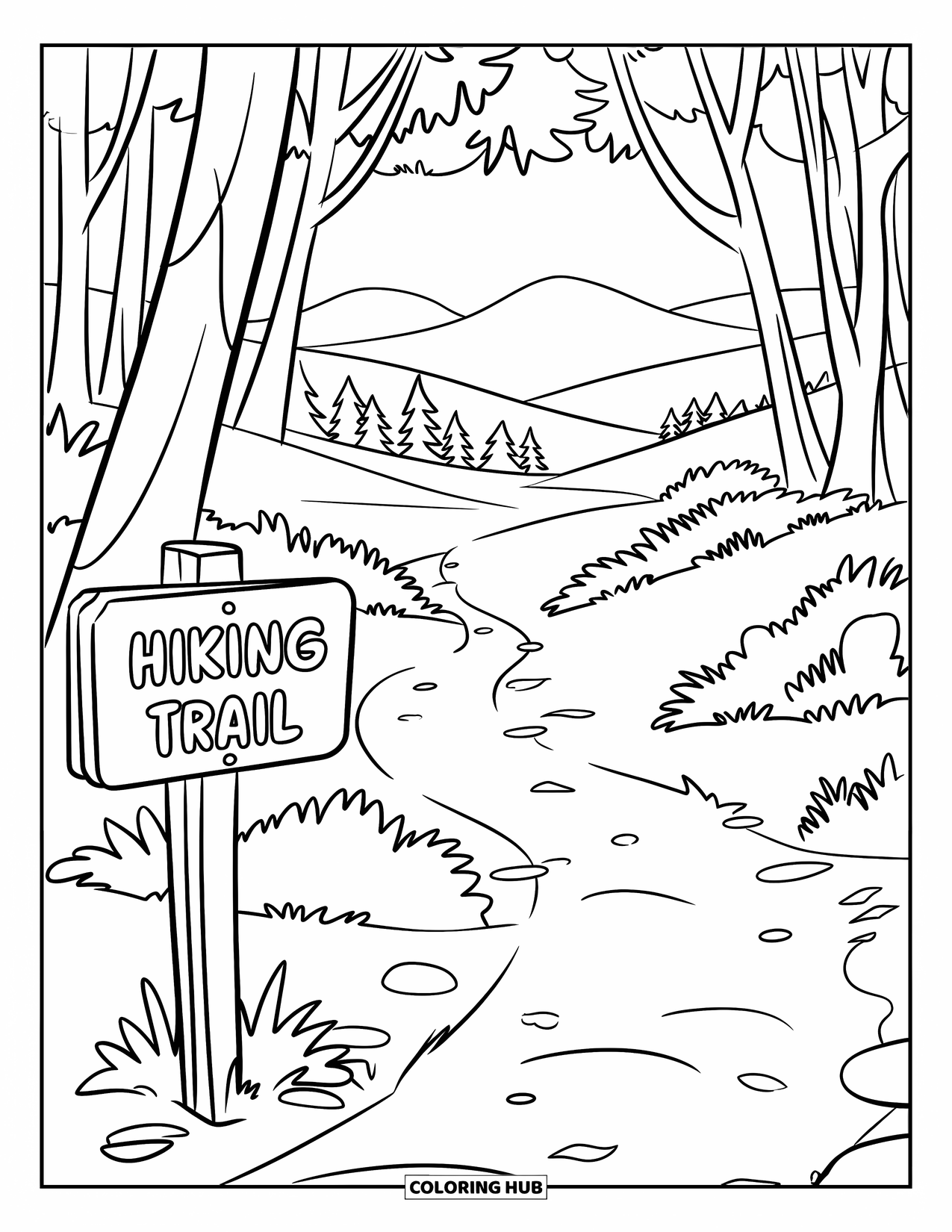 Outdoor Coloring Page for Kids: A dirt path weaves through the woods under a "Hiking Trail" sign