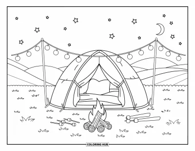 Desenho de cenas ao ar livre para colorir para crianças: Um acampamento no campo com uma fogueira quentinha, colchas macias e lanternas brilhando sob as estrelas