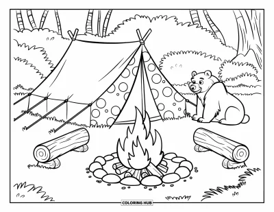Desenho de cenas ao ar livre para colorir para crianças: Um acampamento na floresta brilha com uma fogueira e um urso descansando nas proximidades