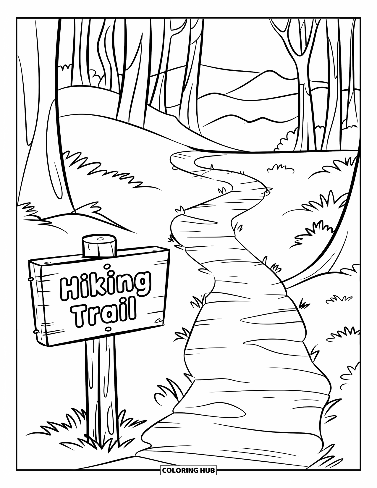 Outdoor Coloring Page for Kids: A forest trail leads past a wooden sign and tall trees