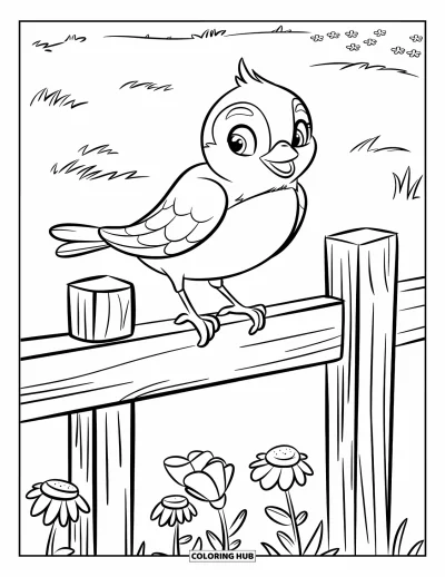 Desenho de cenas ao ar livre para colorir para crianças: Um pássaro alegre canta em uma cerca num campo florido e verde