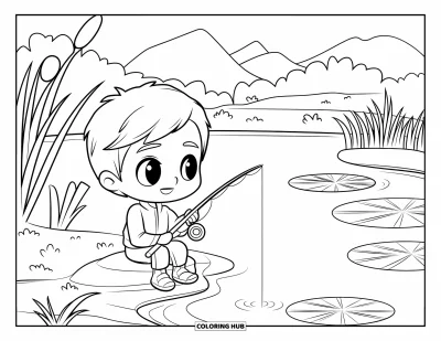 Desenho de cenas ao ar livre para colorir para crianças: Um menino chibi alegre pesca à beira de um lago tranquilo com árvores ao redor