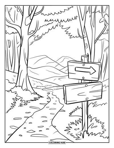 Desenho de cenas ao ar livre para colorir para crianças: Uma trilha de caminhada serpenteia pela floresta com uma placa de madeira nas proximidades