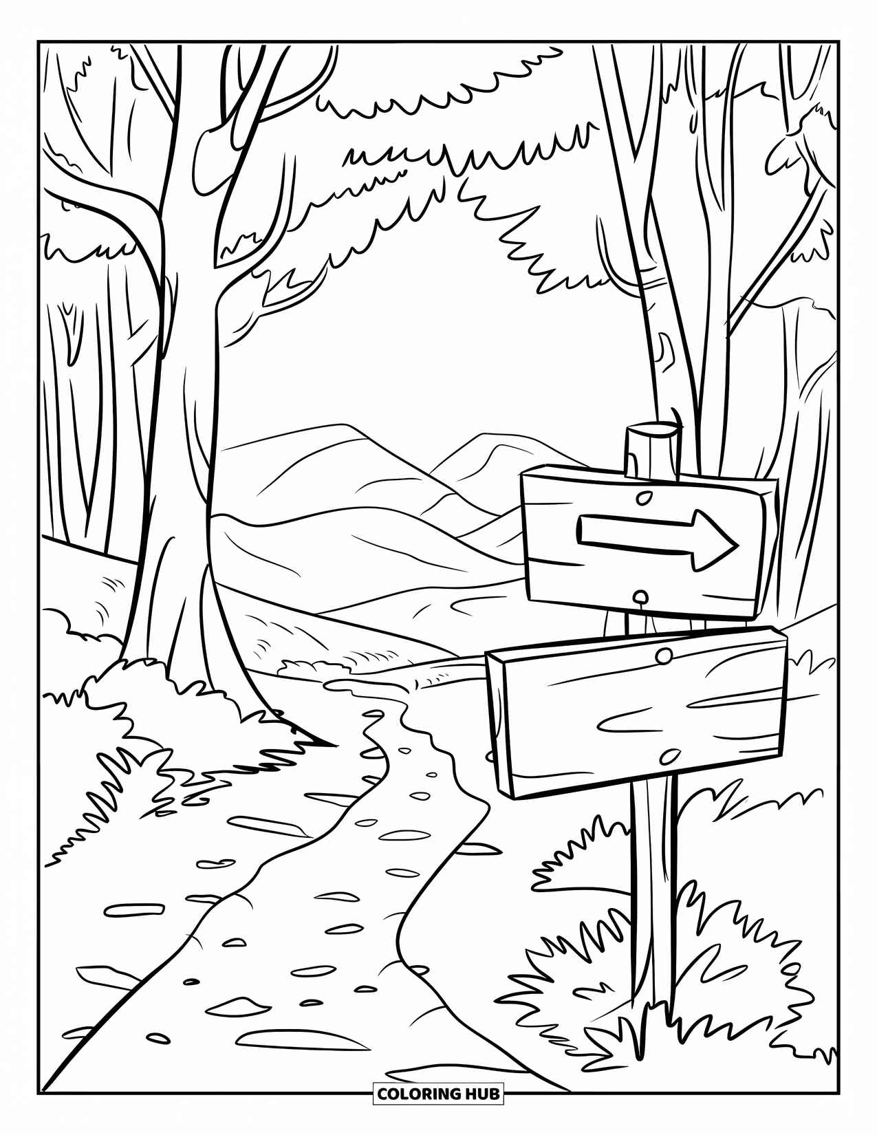 Outdoor Coloring Page for Kids: A hiking path winds through the forest with a wooden signpost nearby