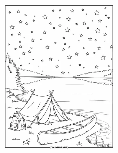Desenho de cenas ao ar livre para colorir para crianças: Uma barraca à beira do lago fica perto de uma canoa com estrelas cintilando acima