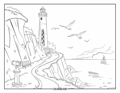 Desenho de cenas ao ar livre para colorir para crianças: Um farol vigia o mar enquanto pássaros voam e barcos navegam tranquilamente abaixo