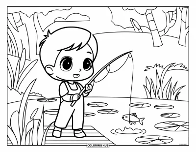 Desenho de cenas ao ar livre para colorir para crianças: Um menininho de pé num deque pescando perto de nenúfares e juncos