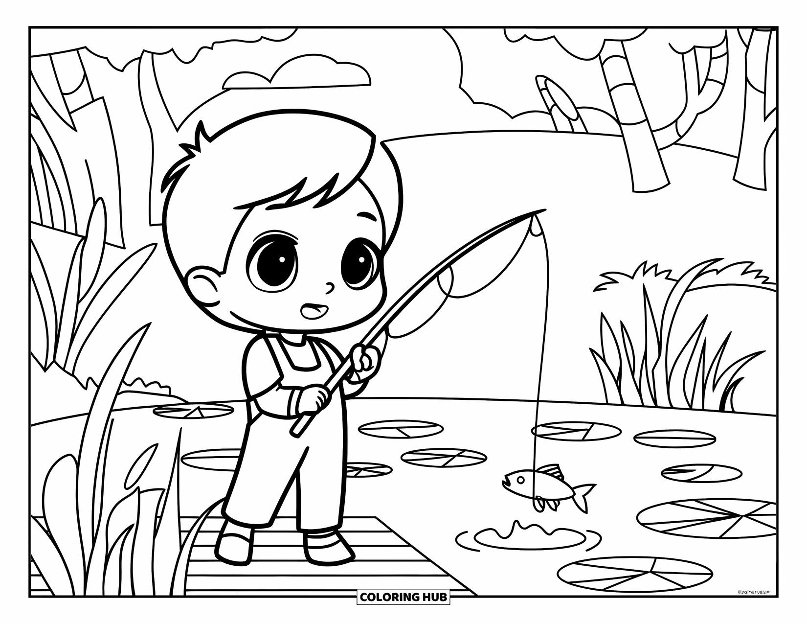 Outdoor Coloring Page for Kids: A little boy stands on a dock fishing near lily pads and reeds
