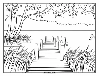 Desenho de cenas ao ar livre para colorir para crianças: Um longo deck leva ao lago, emoldurado por grama e colinas suaves