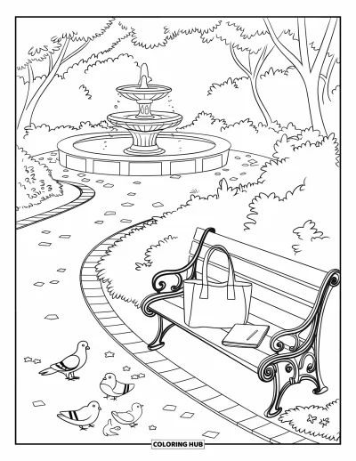 Desenho de cenas ao ar livre para colorir para crianças: Um banco de parque e uma fonte entre pombos, esquilos e árvores suaves