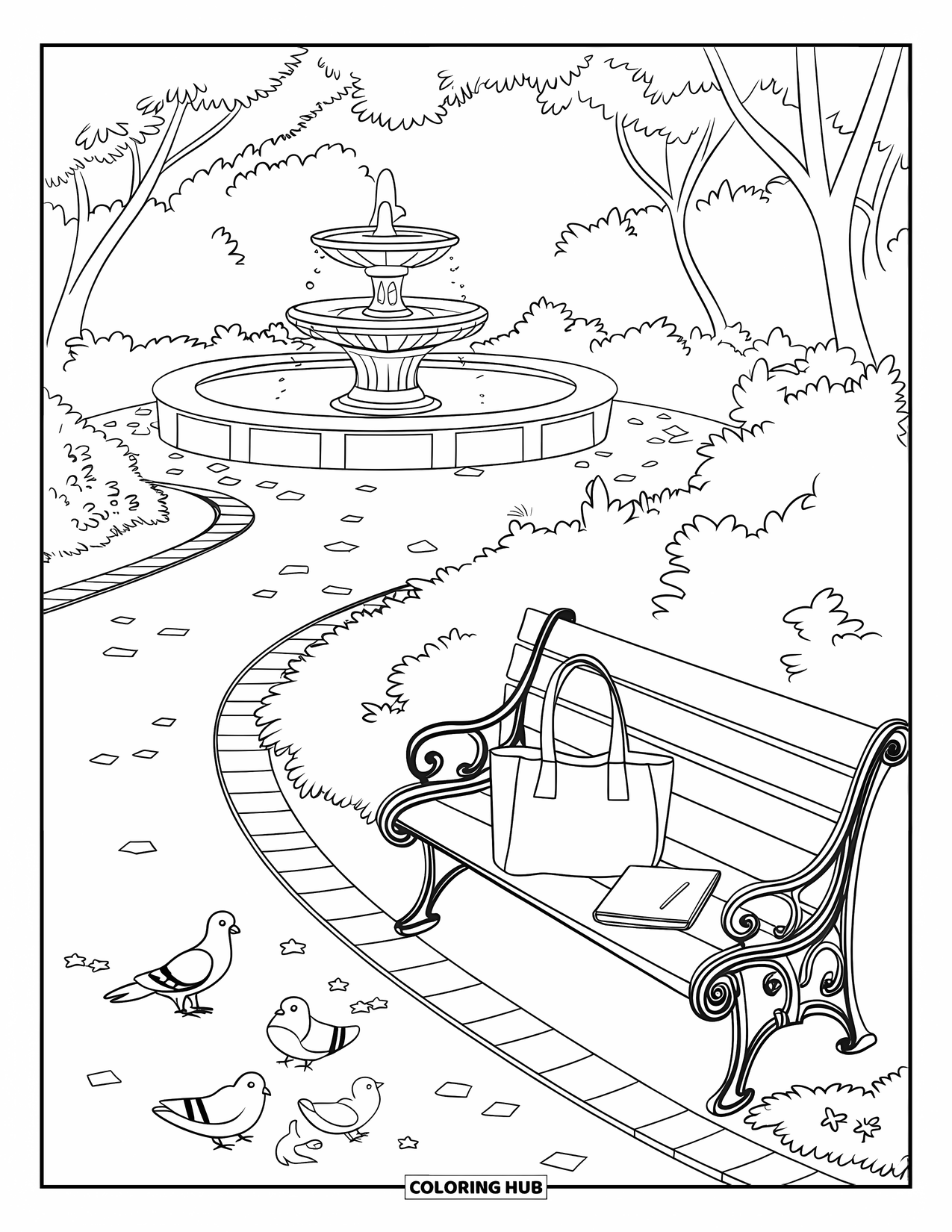 Outdoor Coloring Page for Kids: A park bench and fountain sit among pigeons, squirrels, and soft trees