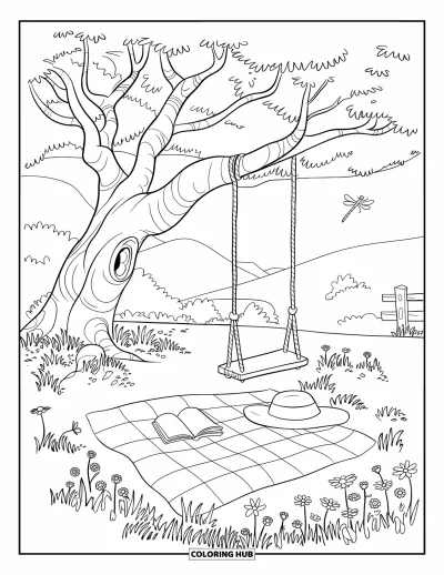 Desenho de cenas ao ar livre para colorir para crianças: Uma colcha colorida repousa sob um balanço de árvore num prado florido
