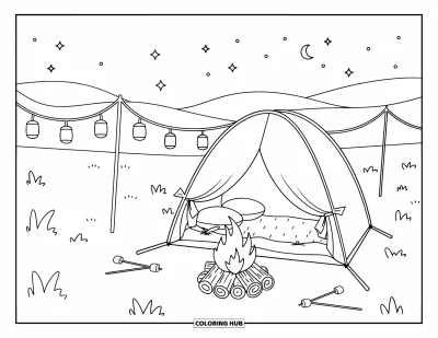 Desenho de cenas ao ar livre para colorir para crianças: Um acampamento tranquilo com marshmallows, uma barraca macia e estrelas cintilando acima