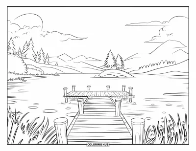 Desenho de cenas ao ar livre para colorir para crianças: Um deque tranquilo à beira do lago se estende para a água calma com vista para as montanhas