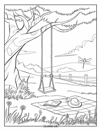 Desenho de cenas ao ar livre para colorir para crianças: Um balanço tranquilo pendurado em uma árvore perto de uma colcha e um diário