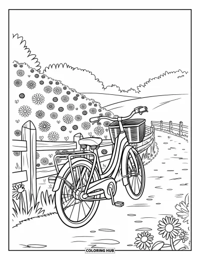 Desenho de cenas ao ar livre para colorir para crianças: Uma trilha tranquila com uma bicicleta ao lado de flores silvestres coloridas e vibrantes