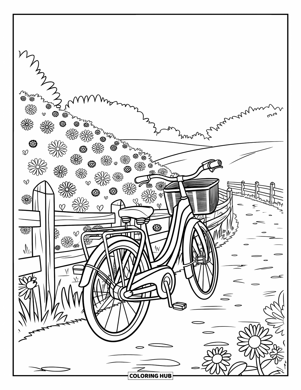 Outdoor Coloring Page for Kids: A peaceful trail with a bike beside bright, blooming wildflowers