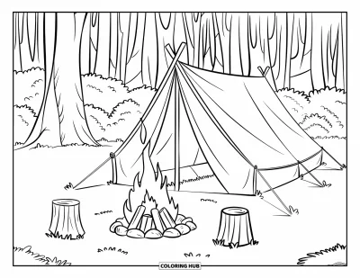 Desenho de cenas ao ar livre para colorir para crianças: Um acampamento sereno na floresta com uma barraca e dois troncos ao lado de uma fogueira