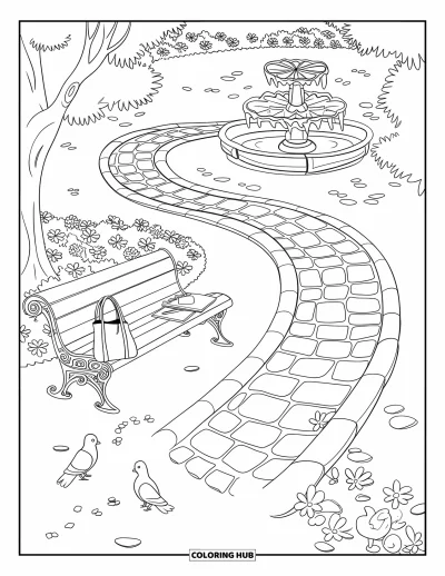 Desenho de cenas ao ar livre para colorir para crianças: Uma fonte tranquila no parque cercada por árvores, animais e um banco confortável