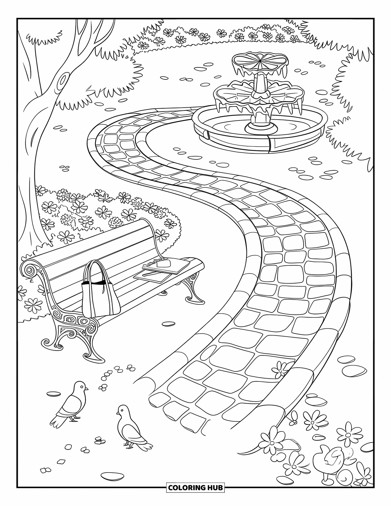 Outdoor Coloring Page for Kids: A quiet park fountain is surrounded by trees, animals, and a cozy bench