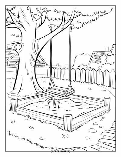 Desenho de cenas ao ar livre para colorir para crianças: Uma caixa de areia e um balanço descansam em um jardim sombreado ao lado de um caminho
