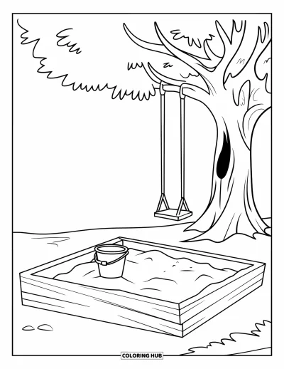 Desenho de cenas ao ar livre para colorir para crianças: Uma caixa de areia sob um balanço de árvore com um balde e uma pá nas proximidades