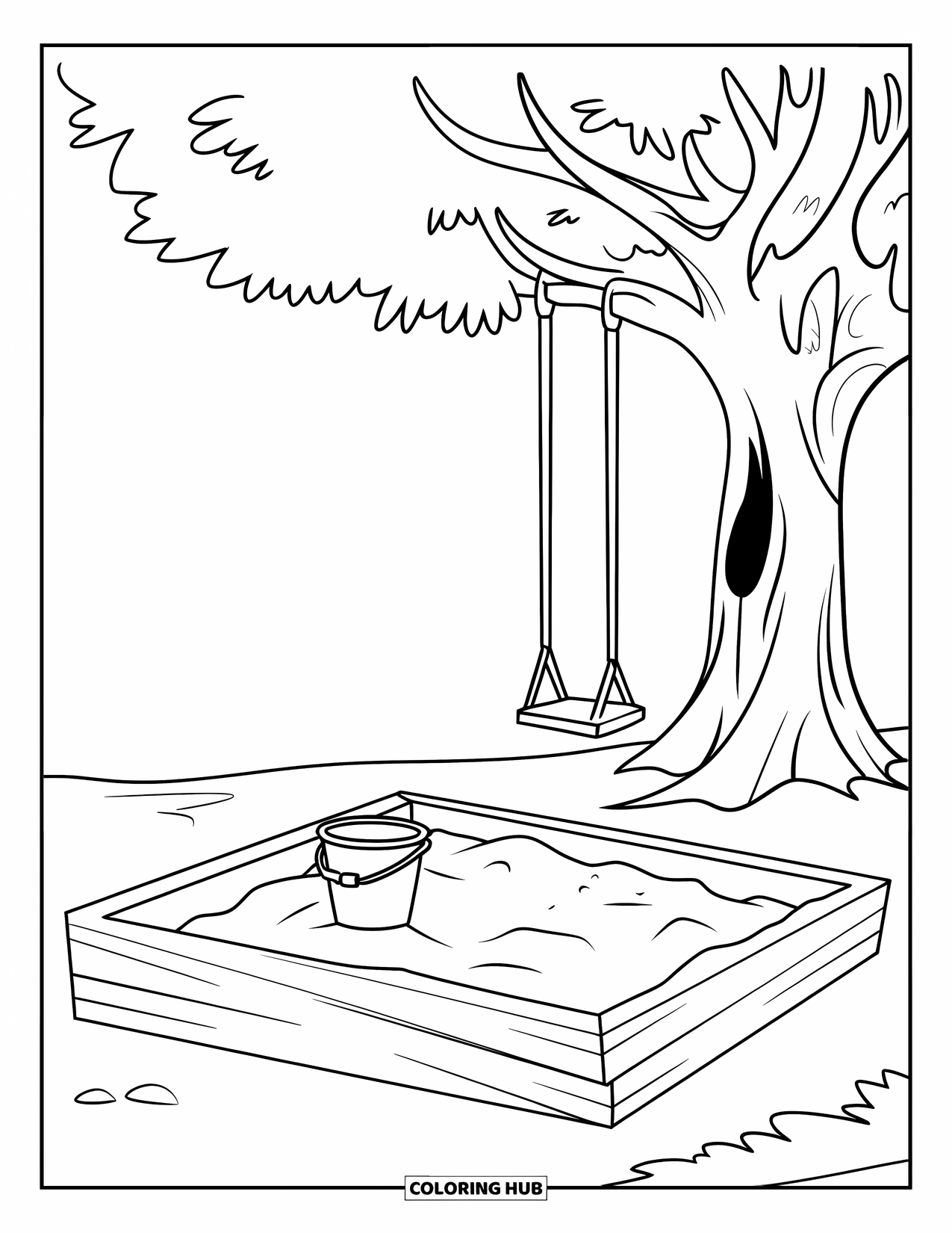Outdoor Coloring Page for Kids: A sandbox sits under a tree swing with a bucket and shovel nearby