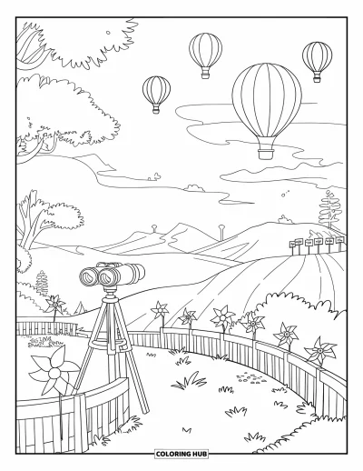 Desenho de cenas ao ar livre para colorir para crianças: Um mirante em cima de uma colina com vista para balões de ar quente flutuando