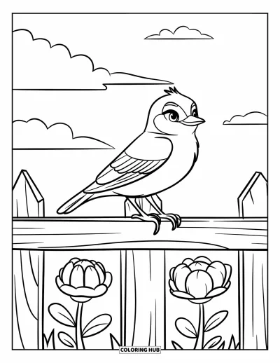 Desenho de cenas ao ar livre para colorir para crianças: Um pequeno pássaro empoleirado em uma cerca de madeira acima de flores desabrochando