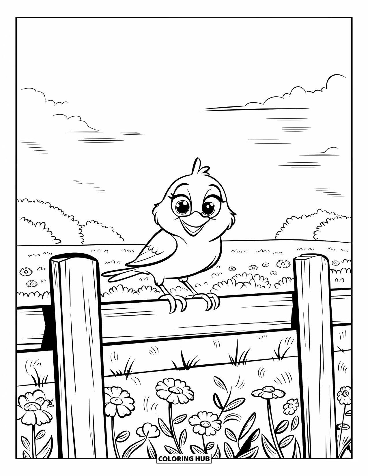 Outdoor Coloring Page for Kids: A smiling bird perches above wildflowers under a bright blue sky
