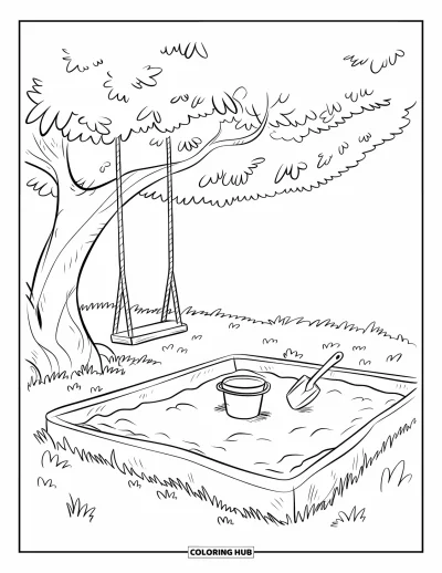 Desenho de cenas ao ar livre para colorir para crianças: Um balanço sobre uma caixa de areia cercada de grama macia e folhas