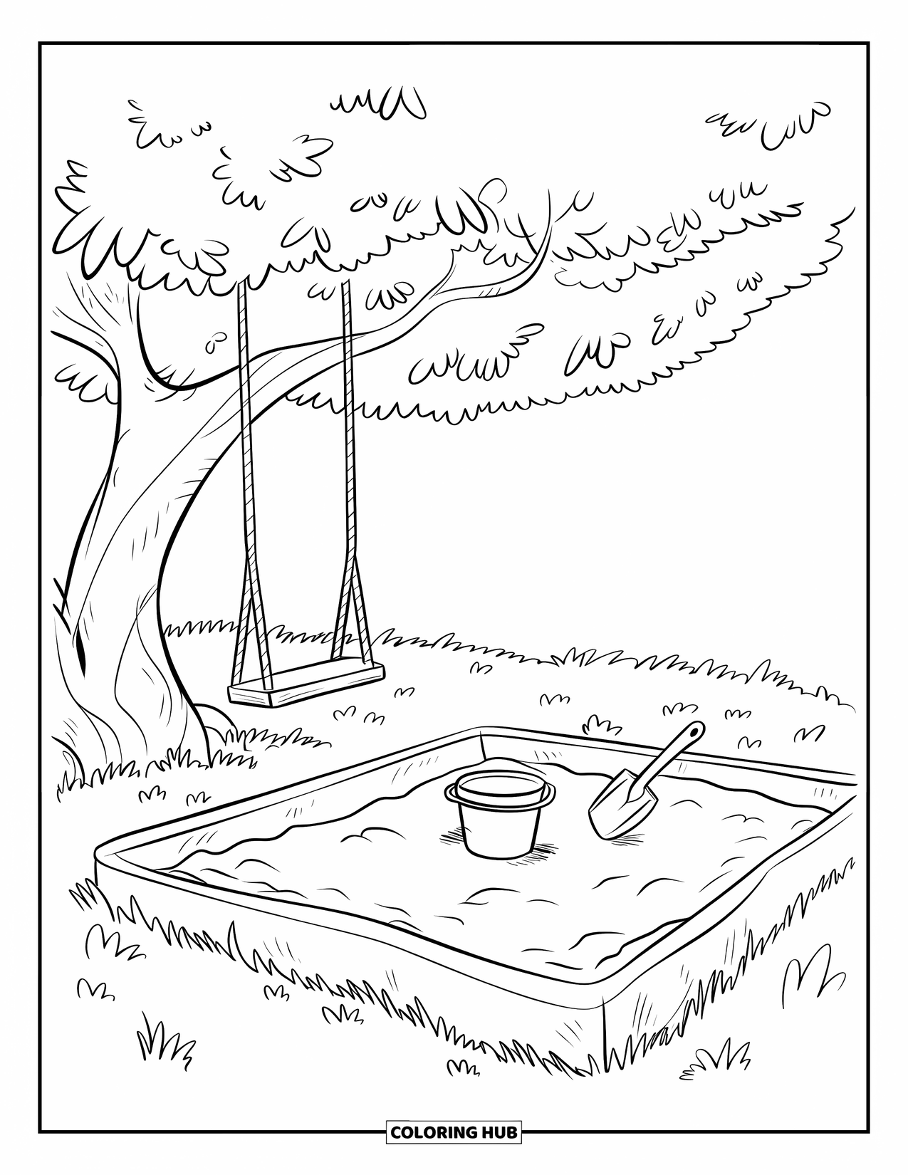 Outdoor Coloring Page for Kids: A swing hangs over a sandbox surrounded by soft grass and leaves