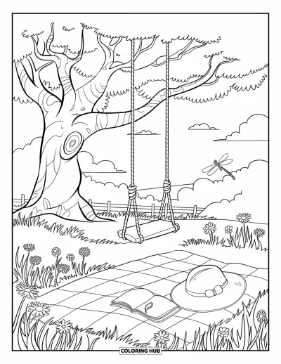 Desenho de cenas ao ar livre para colorir para crianças: Um balanço oscila em uma árvore alta acima de um campo coberto de flores silvestres