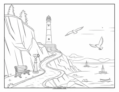 Desenho de cenas ao ar livre para colorir para crianças: Um farol alto fica numa trilha à beira do penhasco com barcos e pássaros abaixo