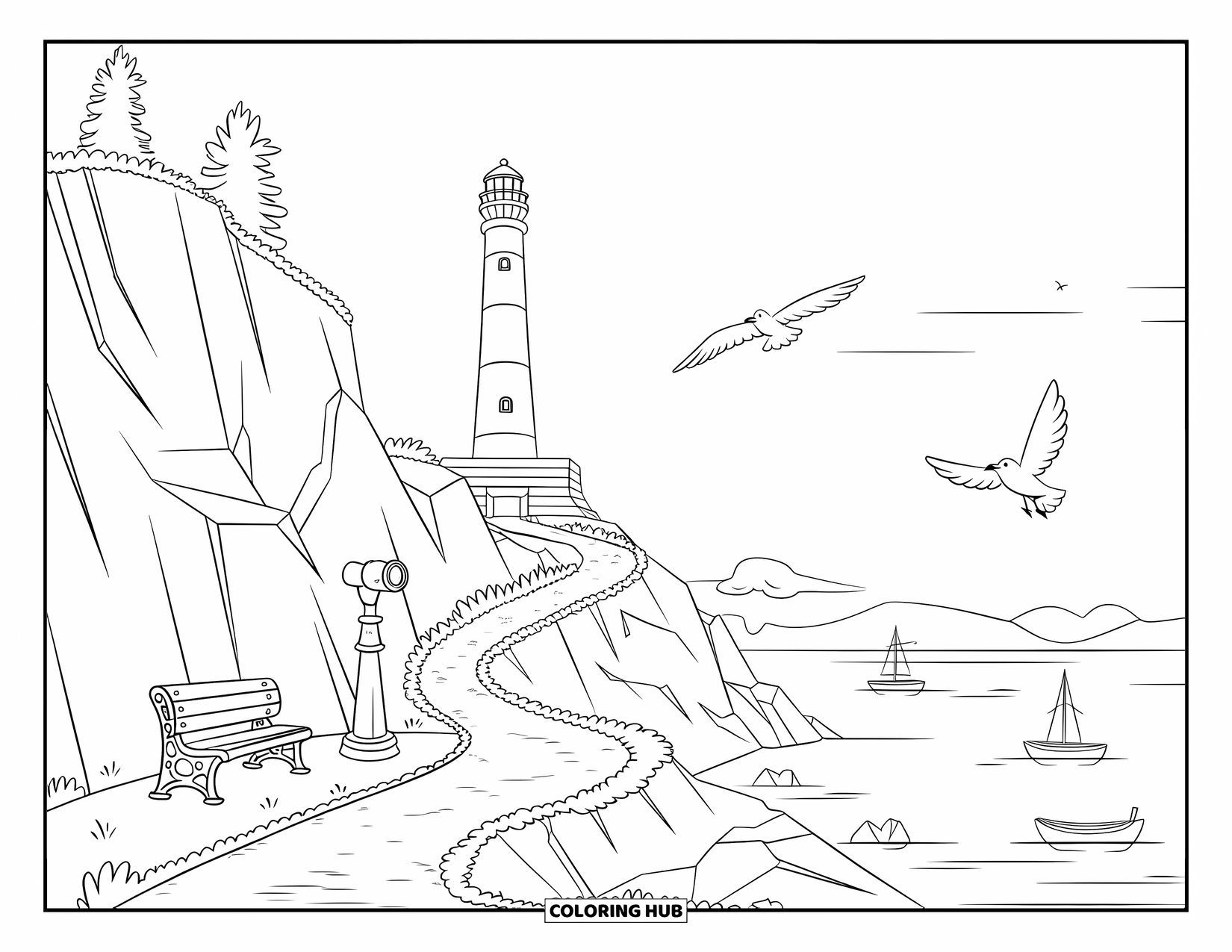 Outdoor Coloring Page for Kids: A tall lighthouse stands on a cliffside trail with boats and birds below