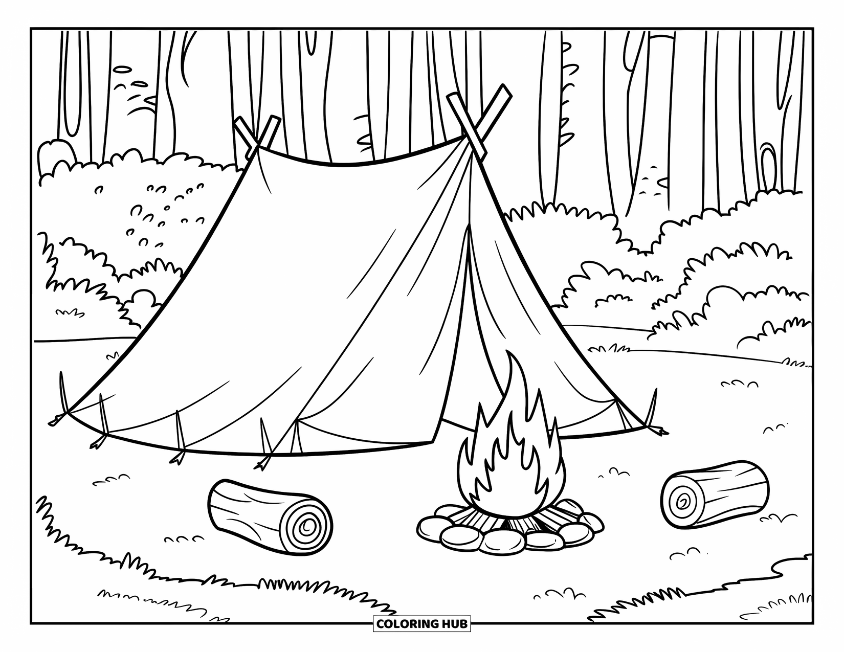 Outdoor Coloring Page for Kids: A triangle tent sits in a forest clearing with a glowing campfire