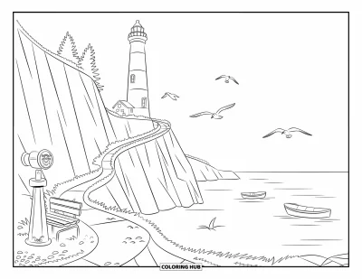 Desenho de cenas ao ar livre para colorir para crianças: Uma trilha sinuosa passa por um farol e um banco de mirante bem acima do oceano