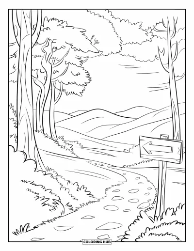 Desenho de cenas ao ar livre para colorir para crianças: Uma trilha arborizada se estende sob as árvores com uma placa de madeira indicando o caminho