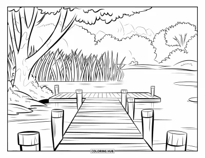 Desenho de cenas ao ar livre para colorir para crianças: Um deque de madeira se estende para dentro de um lago calmo com árvores ao redor