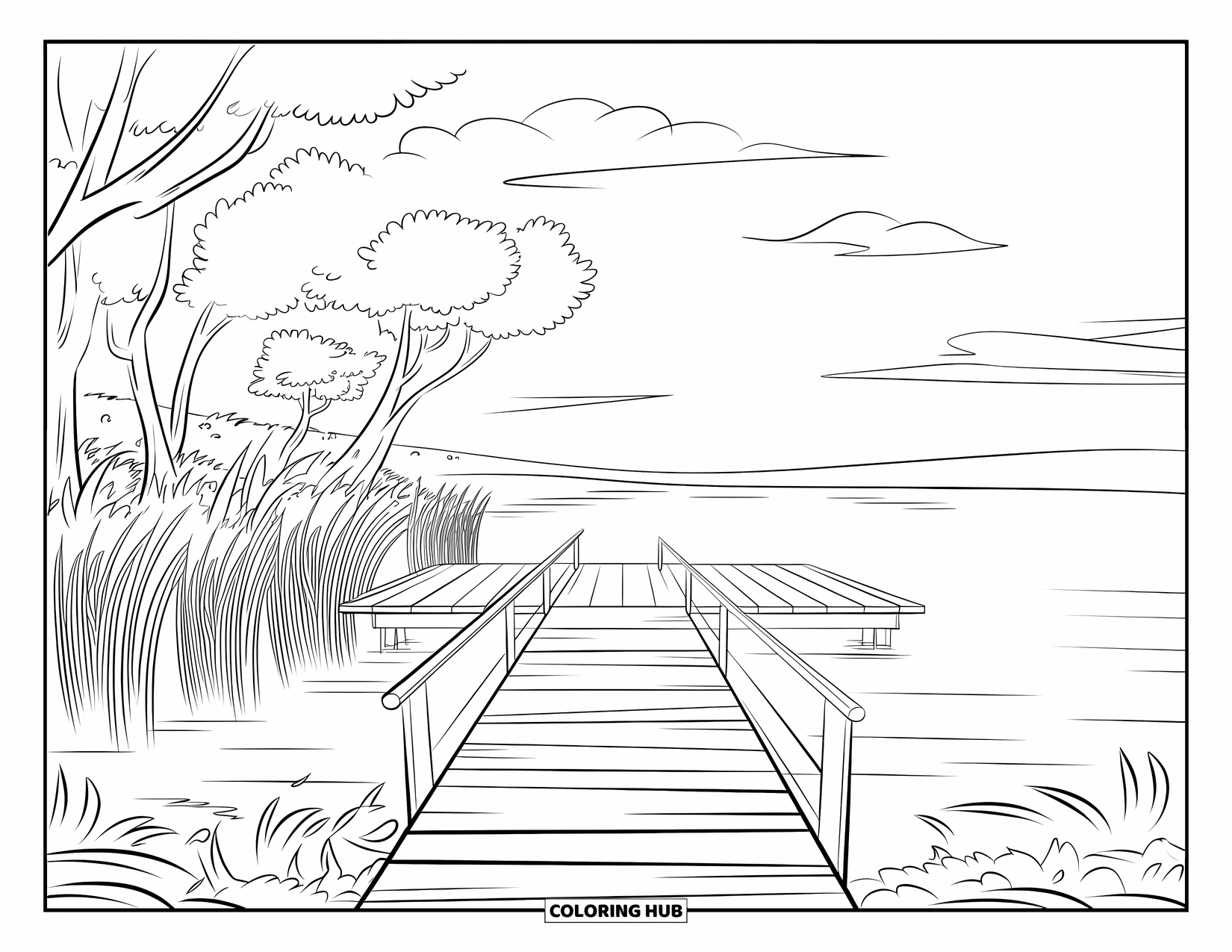 Outdoor Coloring Page for Kids: A wooden dock stretches into a quiet lake surrounded by grass and trees