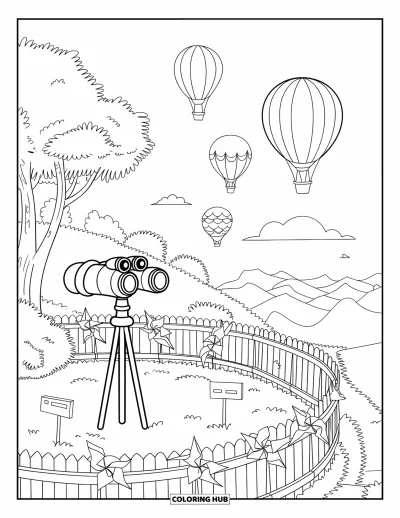 Desenho de cenas ao ar livre para colorir para crianças: Um mirante com balões acima e cataventos girando na brisa
