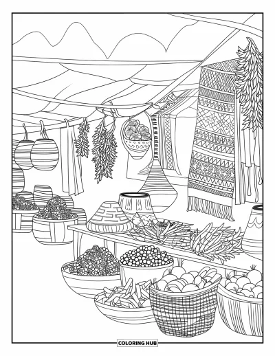 Coloriage du Pérou pour adultes : Un marché andin animé expose des tissages, des poteries et des produits frais