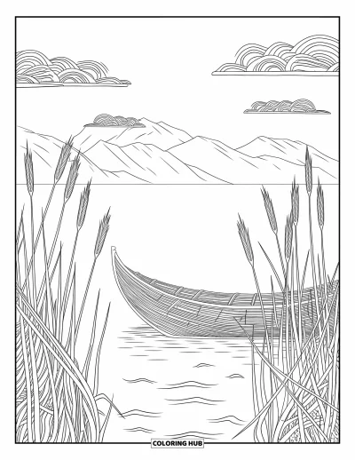 Coloriage du Pérou pour adultes : Un bateau en roseaux finement détaillé repose parmi des vagues, des joncs et des nuages de montagne