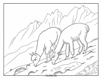 Coloriage du Pérou pour adultes : Un lama duveteux et un alpaga brouttent sous des pics acérés