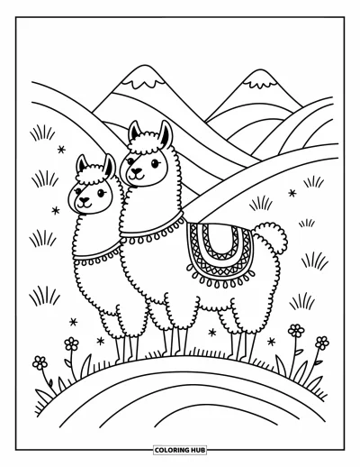 Coloriage du Pérou pour adultes : Deux lamas se reposent sur une pente douce sous des sommets enneigés au loin
