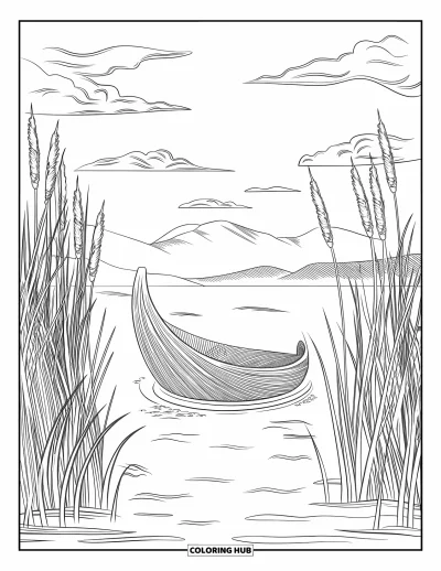 Coloriage du Pérou pour adultes : Un bateau en roseaux flotte sur le lac Titicaca, entouré de grands joncs et de nuages